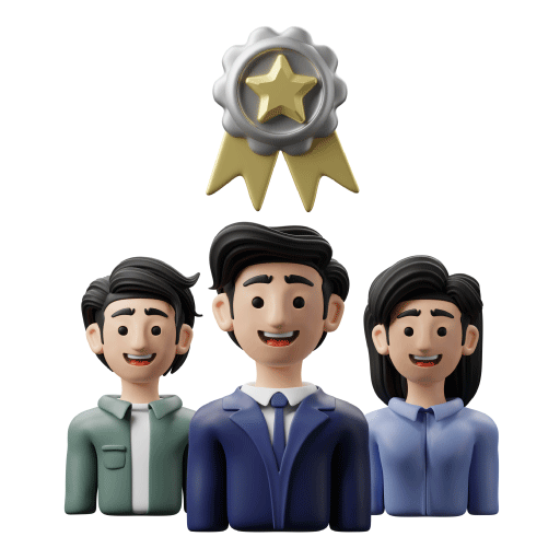 Three teammates under a star-badge medal, partners, not clients